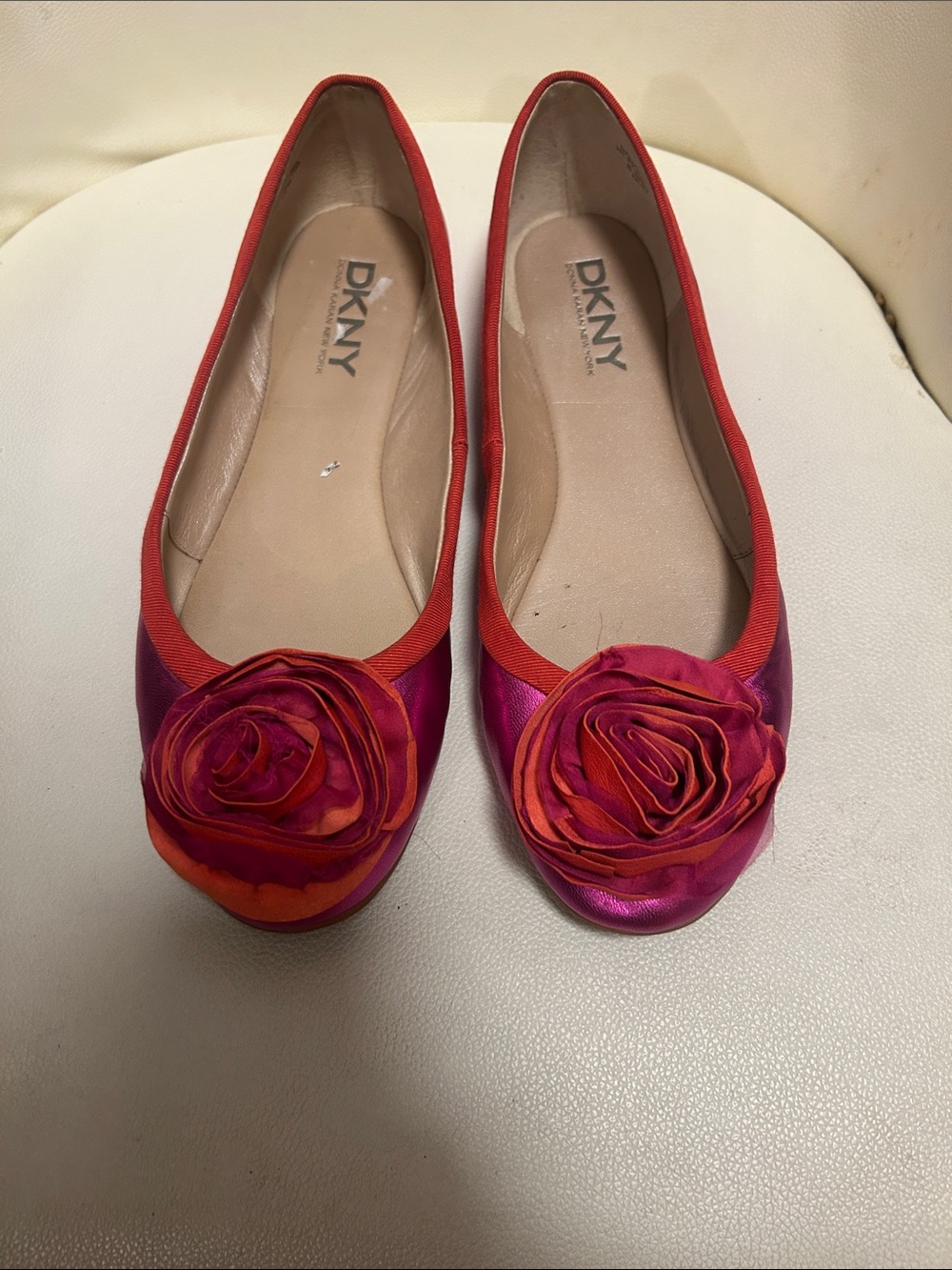 DKNY Pink and Red Iridescent shimmer Floral Rosette Ballet Flats